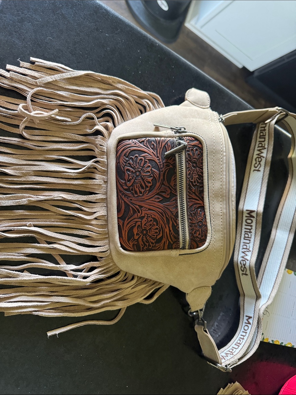 Montana West Beige Fringe Crossbody with Tooled Brown Front Pocket
